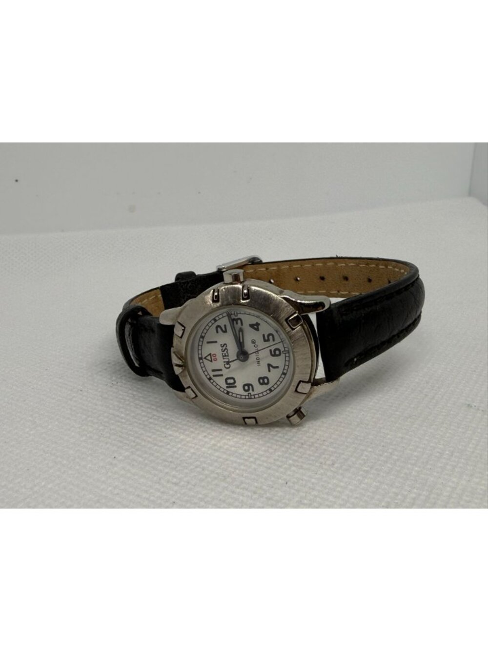 GUESS Vintage 1990s Indiglo Women's Silver-Tone Watch White Dial Black Leather - Picture 9 of 11
